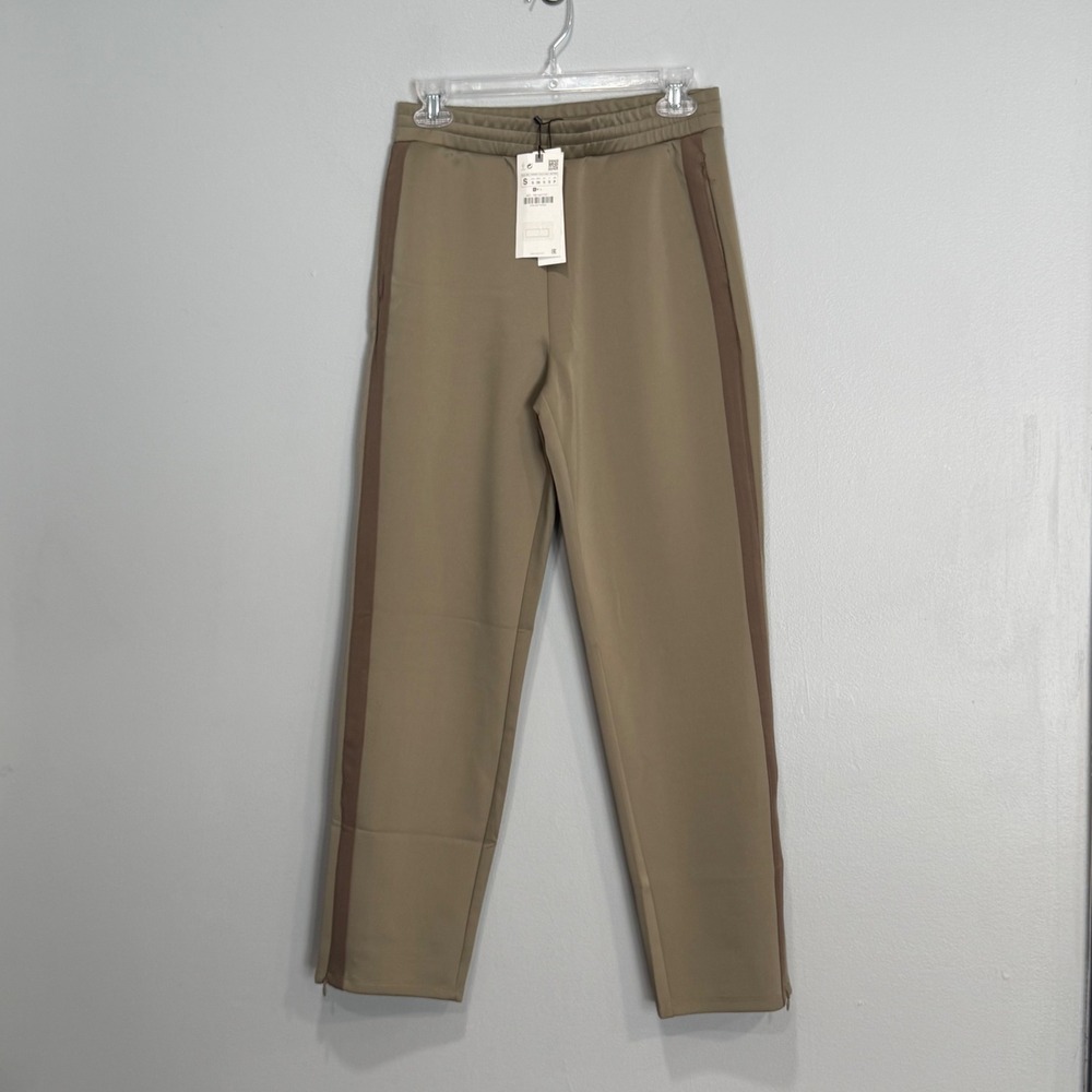 Zara‎ Womens Tan Khaki Jogger Pants Brown Side Stripe Ankle Zip Small